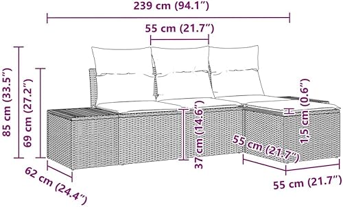 Miniatura 2 de Patio Furniture Set Outdoor Conversation 4pc Modular Gray Poly Rattan Sofa 21.7" Seat Depth Adjustable Feet Zippered Cushions for Backyard Balcony