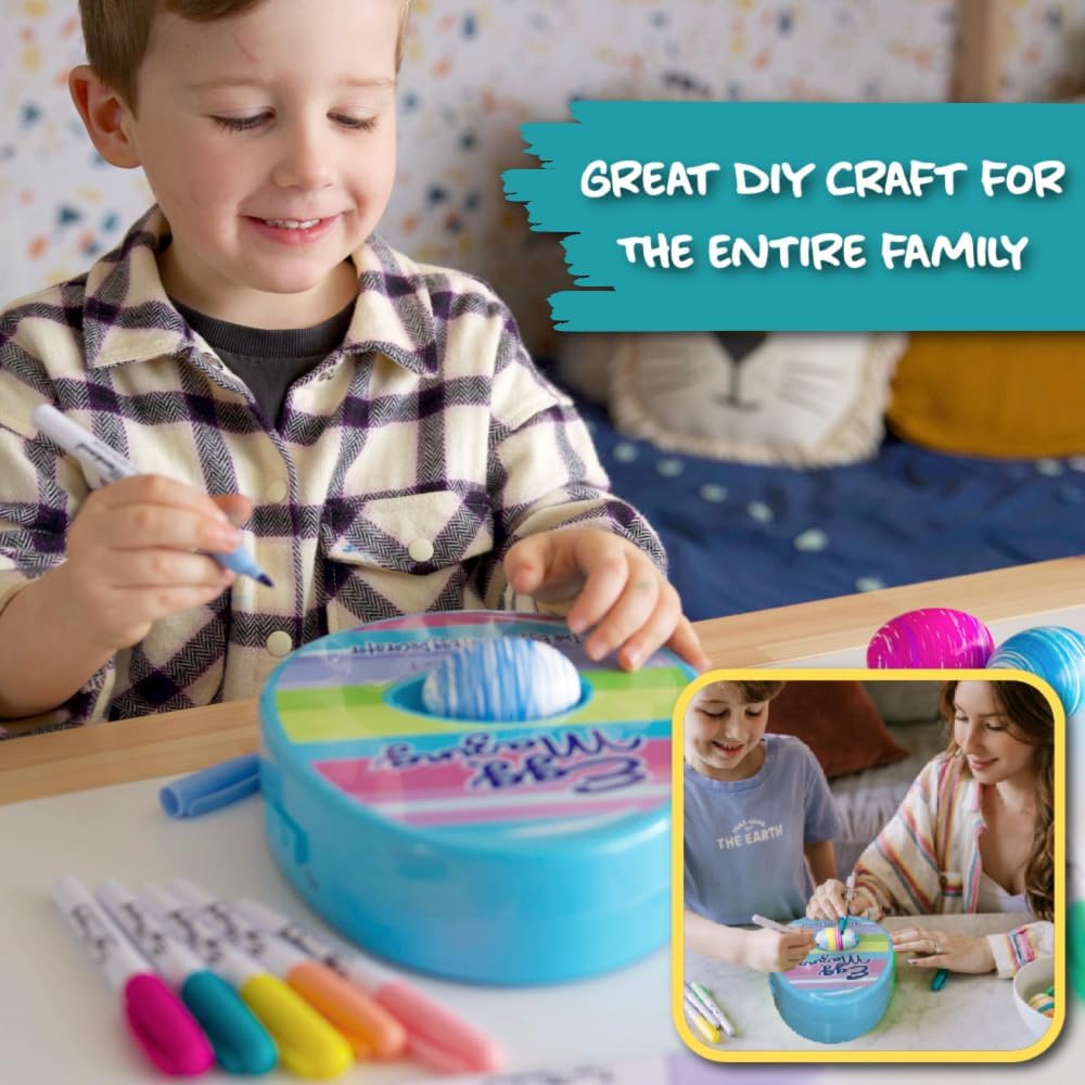 The Eggmazing Egg Decorator Easter Egg Decorator Kit - Arts and Crafts Set - Includes Egg Decorating Spinner and 8 Colorful Quick Drying Non Toxic Markers (Blue), Ages 3 and Up