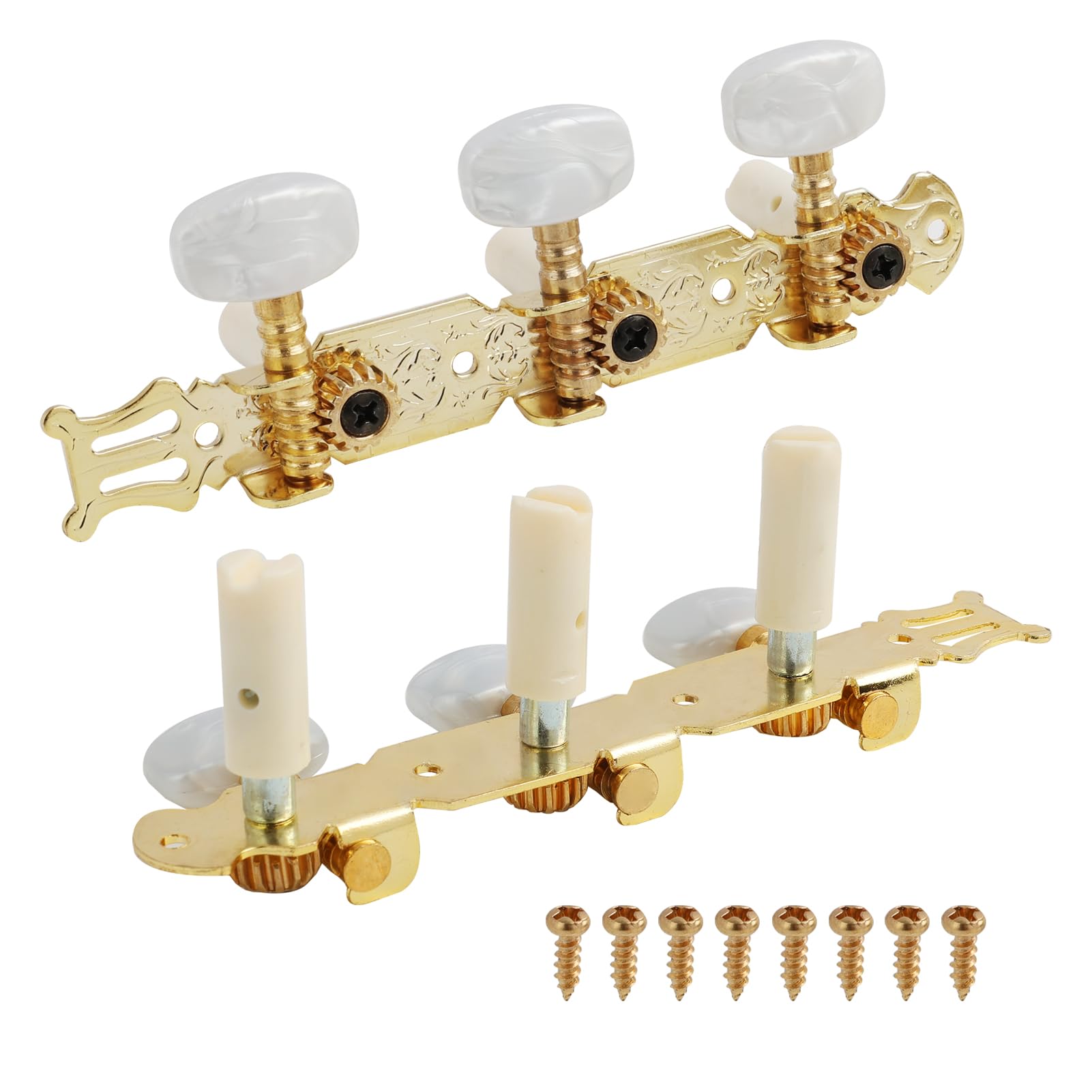 2 Pièces Mécaniques pour Guitares Classiques, Guitare Classique Tuning Pegs 3L+3R avec Boutons Blancs, Mécaniques d'Accordage de Remplacement pour Guitare Acoustique et électrique