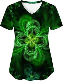 St. Patrick's Day Scrubs Women Green Shamrocks Printed Black Working Tees Soft V Neck Short Sleeve Tops Nurse Working Uniform