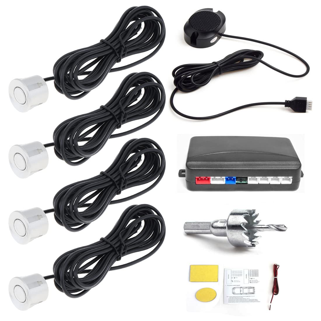 Sistema de sensor de aparcamiento de 4 sensores con alarma audible y resistente al agua, asistente de coche trasero (plateado)