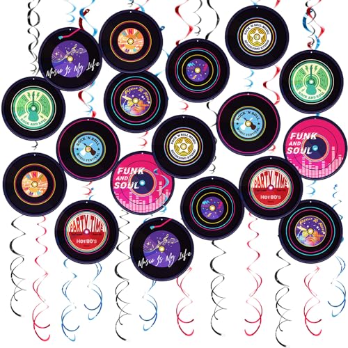 Image of Rock and Roll Record Party Hanging Swirls, 48 Pcs, Music Theme Disco Party Decorations, Vinyl Record Design for 90s Or 50s Style Rock Music Dj Party Supplies, Black and Multicolor