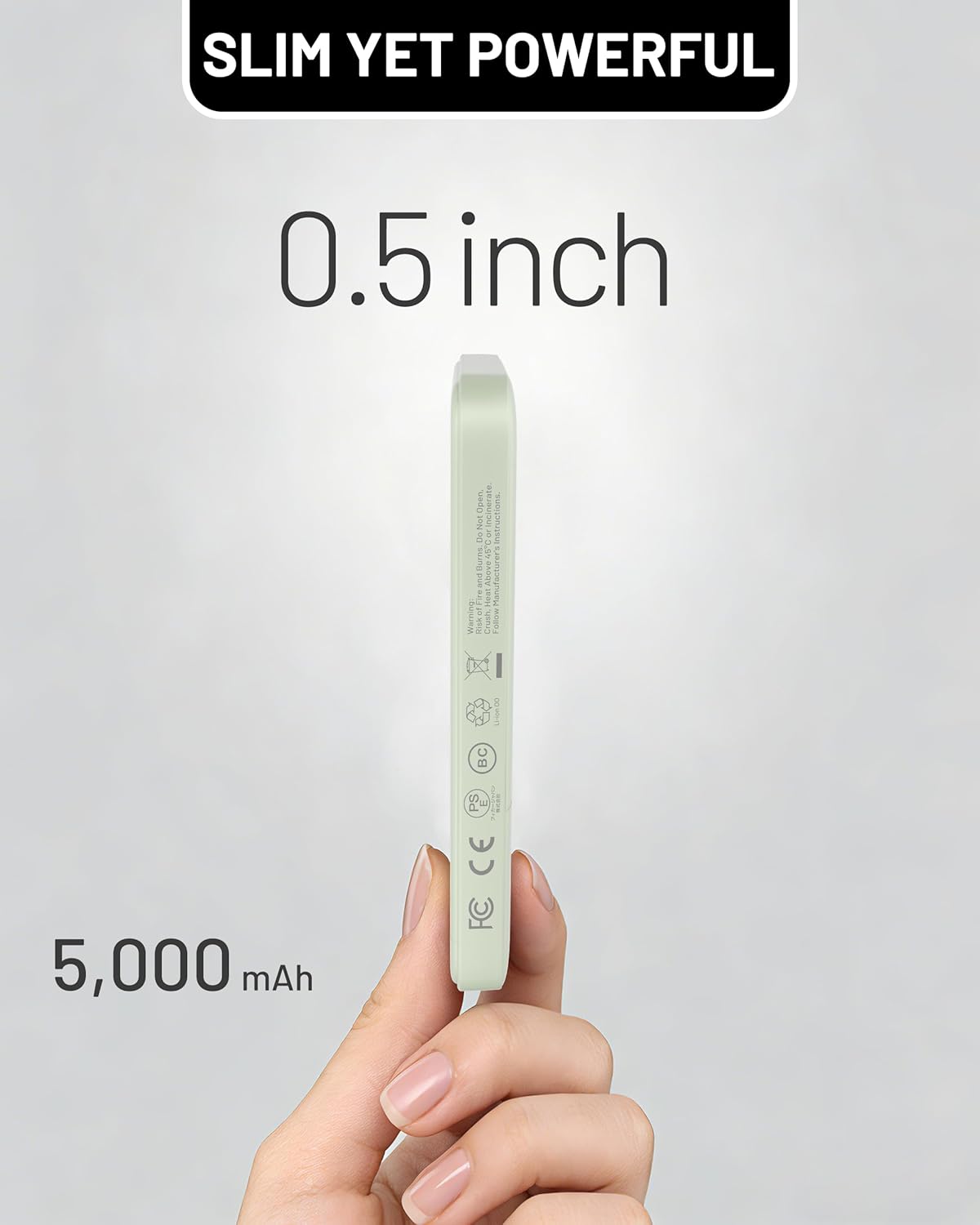 Magnetic Power Bank for iPhone, 5,000mAh MagSafe Portable Charger, 0.5'' Slim Wireless Power Bank with USB C Cable, Travel Essentials Magnetic Battery Pack for iPhone 17/16/15/14/13/12, Green