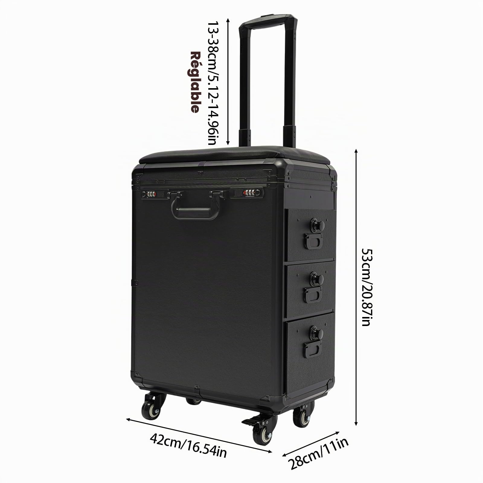 Valise cosmétique à roulettes avec support d'accoudoir et tôle métallique - Mallette de tatouage avec 3 tiroirs - Mallette de maquillage professionnelle - Table de tatouage - Table de beauté