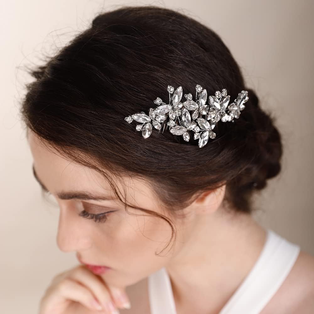 Lenjicons Luxury Rhinestone Hair Comb Wedding Headpiece Dainty Crystal Bridal Headband Handmade Rhinestone Wedding Hair Comb Bridal Hair Decorations for Women (silver)