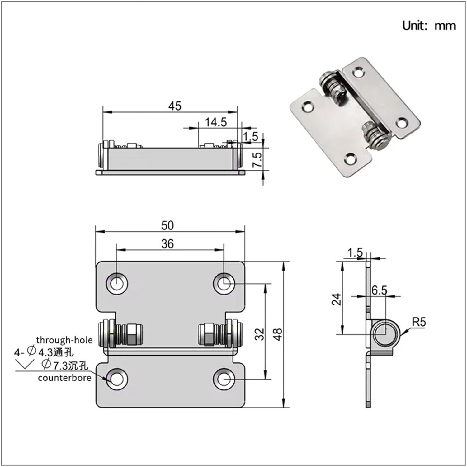 Stainless Steel Folding Hinge Stop Torque Damping Shaft At Will Opens and Stops 180 Degrees At Will 1Pcs