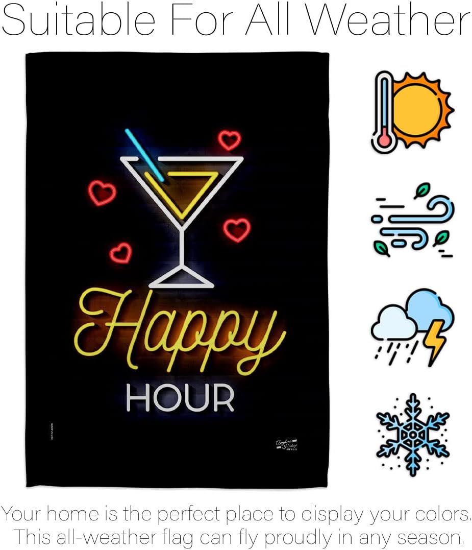 Neon Happy Hour Garden Flag Set with Stand Beverages Party Drinks Celebrate Fun Summer Beach Tropical House Decoration Banner Small Yard Gift Double-Sided, Made in USA