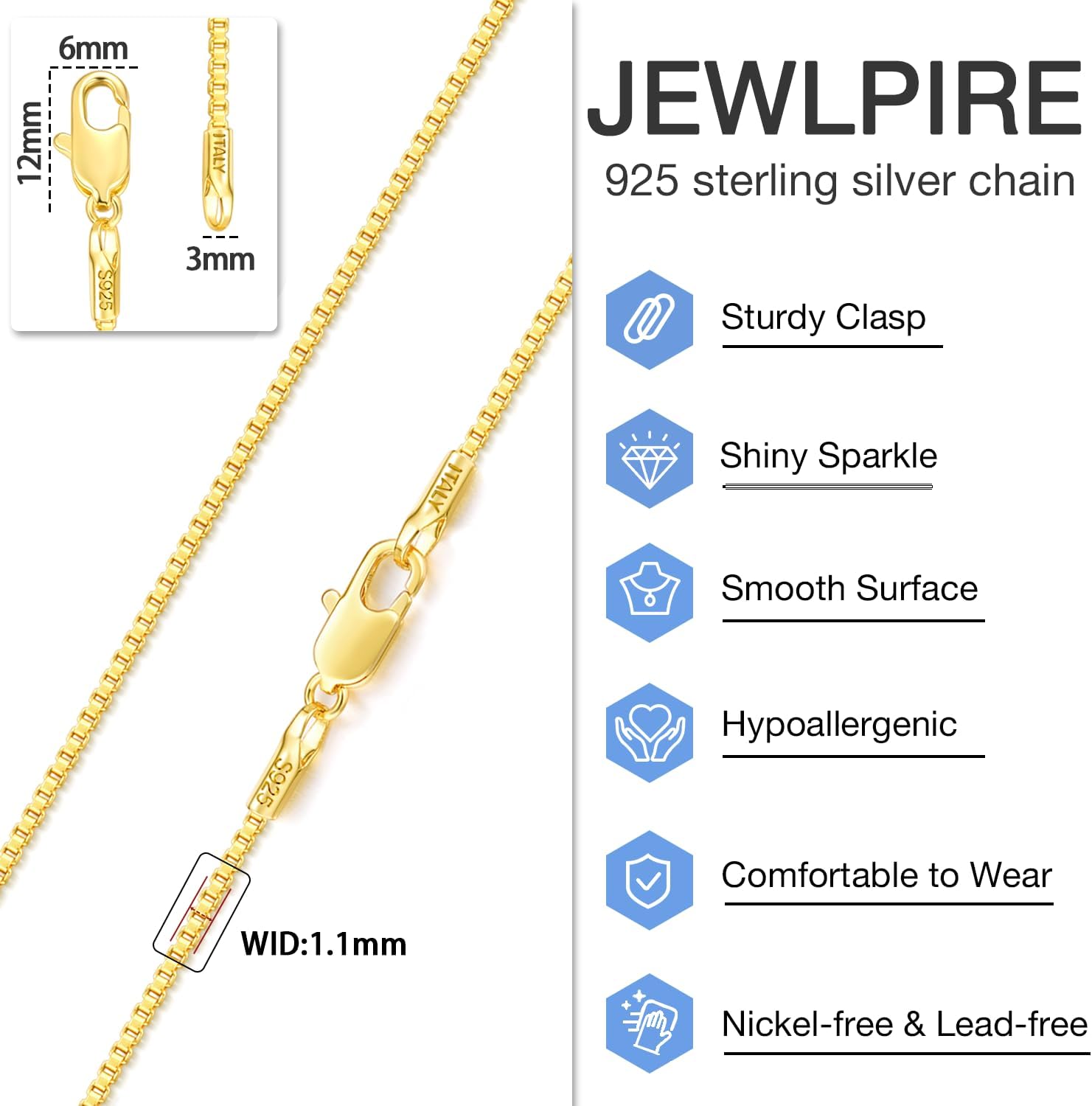 Jewlpire 1.1mm 1.3mm Box Chain 925 Sterling Silver Chain Necklace for Women, 14K Gold Plated Chain for Women Sturdy & Shiny Women's Chain Necklaces 14 16 18 20 22 24 26 Inch - Image 4