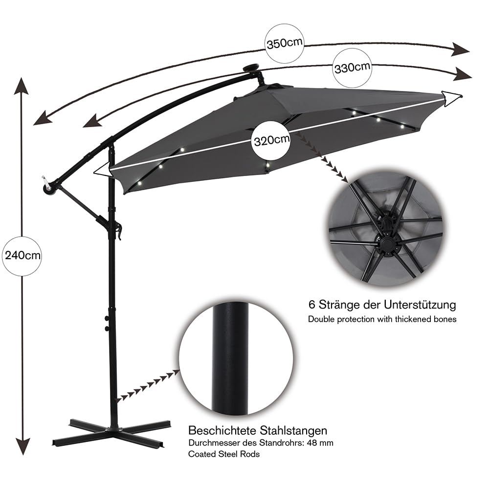 Mucola Ampelschirm Sonnenschirm LED Solar mit Kurbel Ø 350 cm Stahl Beige