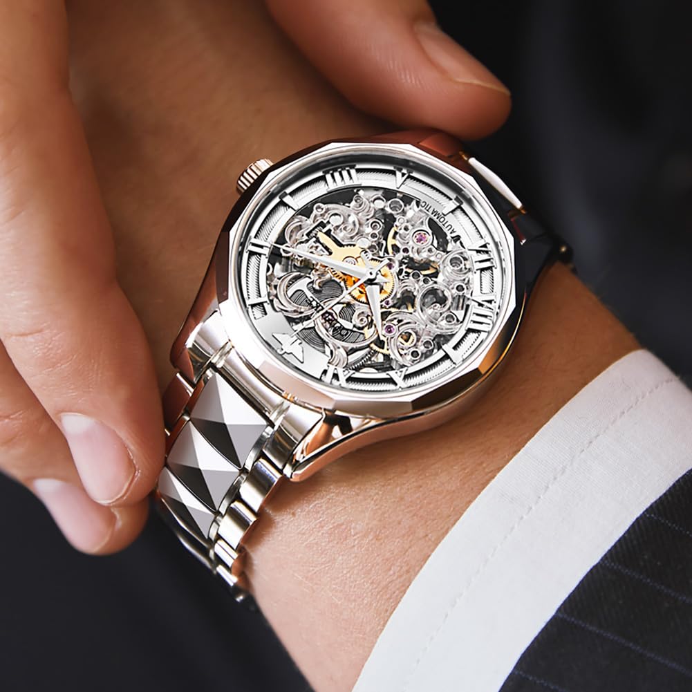 OUPINKE Reloj automático para hombre, diseño de esqueleto, de lujo, mecánico, impermeable, luminoso, acero inoxidable, espejo de cristal de zafiro