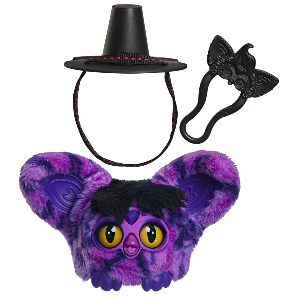 Furby Furblets KPop Demon Hunters Saja Boy Demon, Collectible 7.5-cm Mini Plush Electronic Toy with Removable Gat Hat Accessory and Keychain Clip