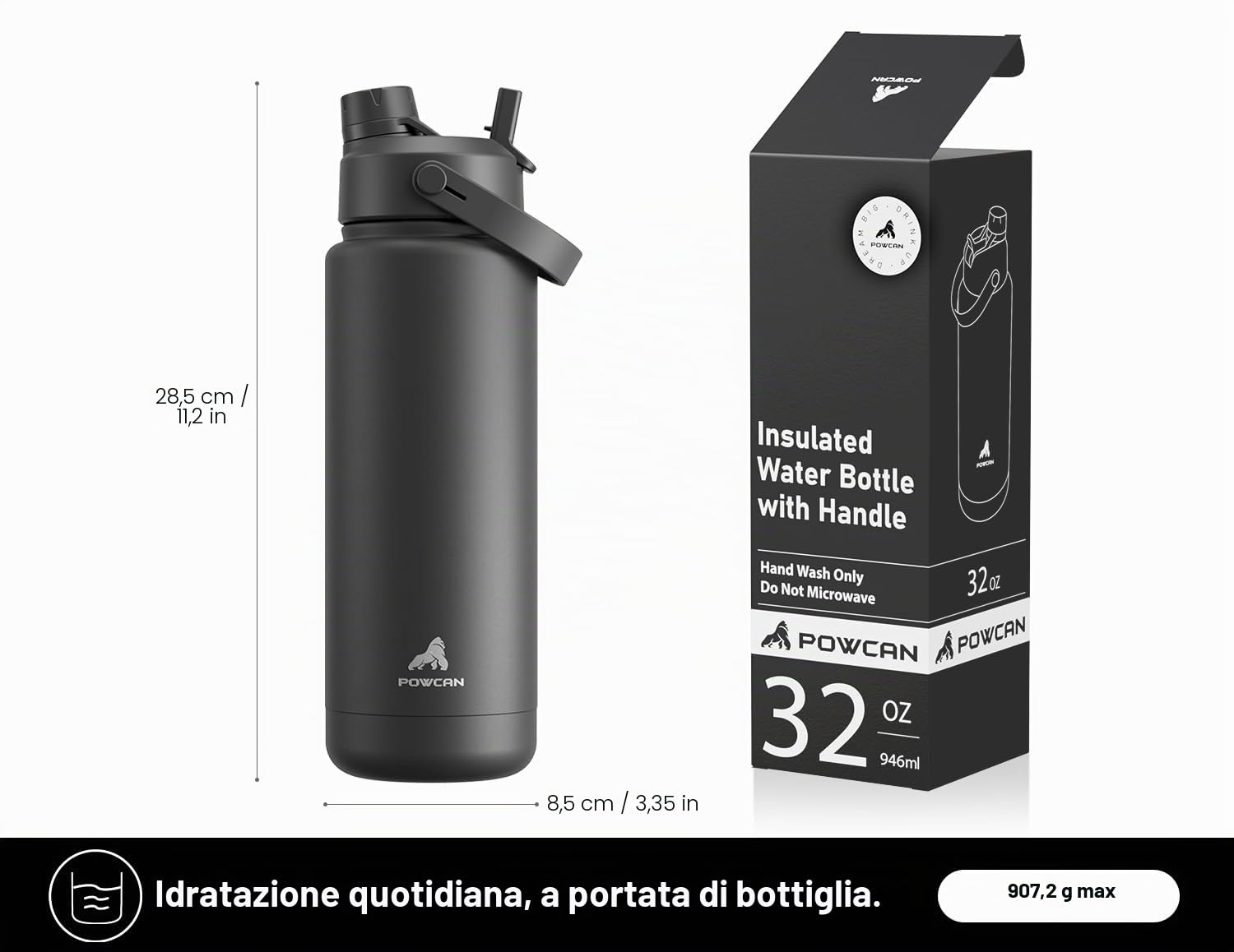 POWCAN Borraccia termica 907 ml, cannuccia 2 in 1, coperchio beccuccio, freddo 24 ore, anti-perdita, BPA-free, doppia parete, acciaio inox, sport