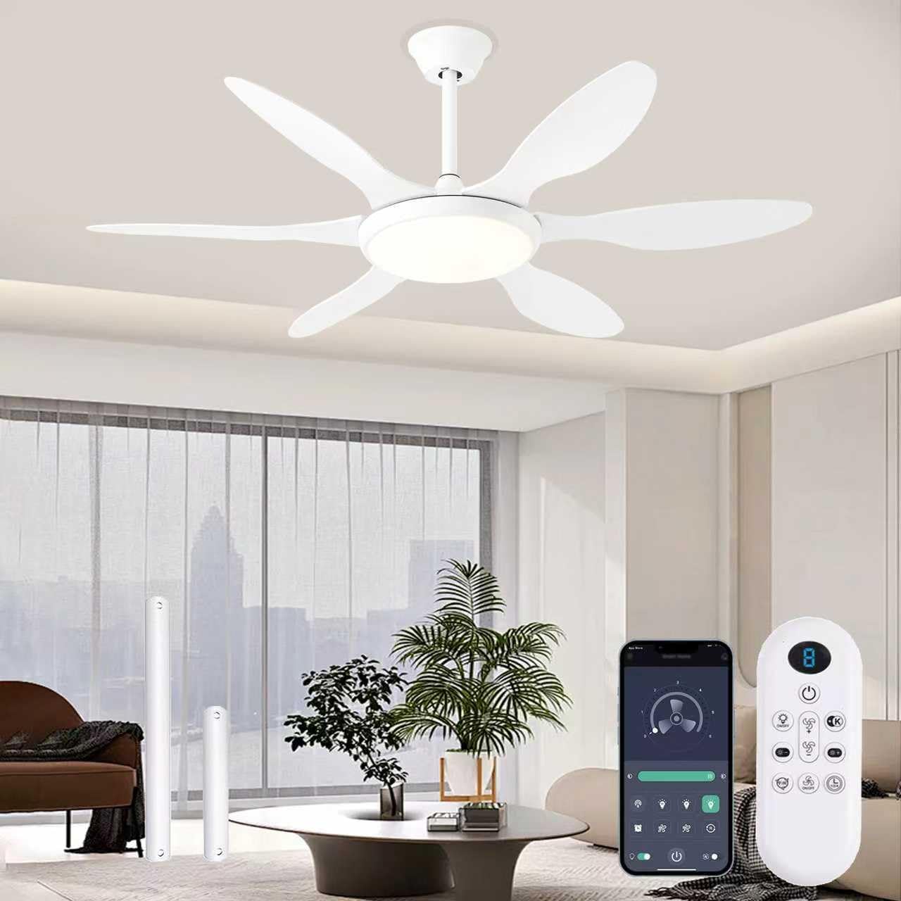 White Ceiling Fans with Lights, 51 Inch Ceiling Fan with Light and Remote Control, Reversible, 3CCT, Dimmable, Noiseless, LED Ceiling Fan for Bedroom, Living Room, Indoor/Outdoor Use