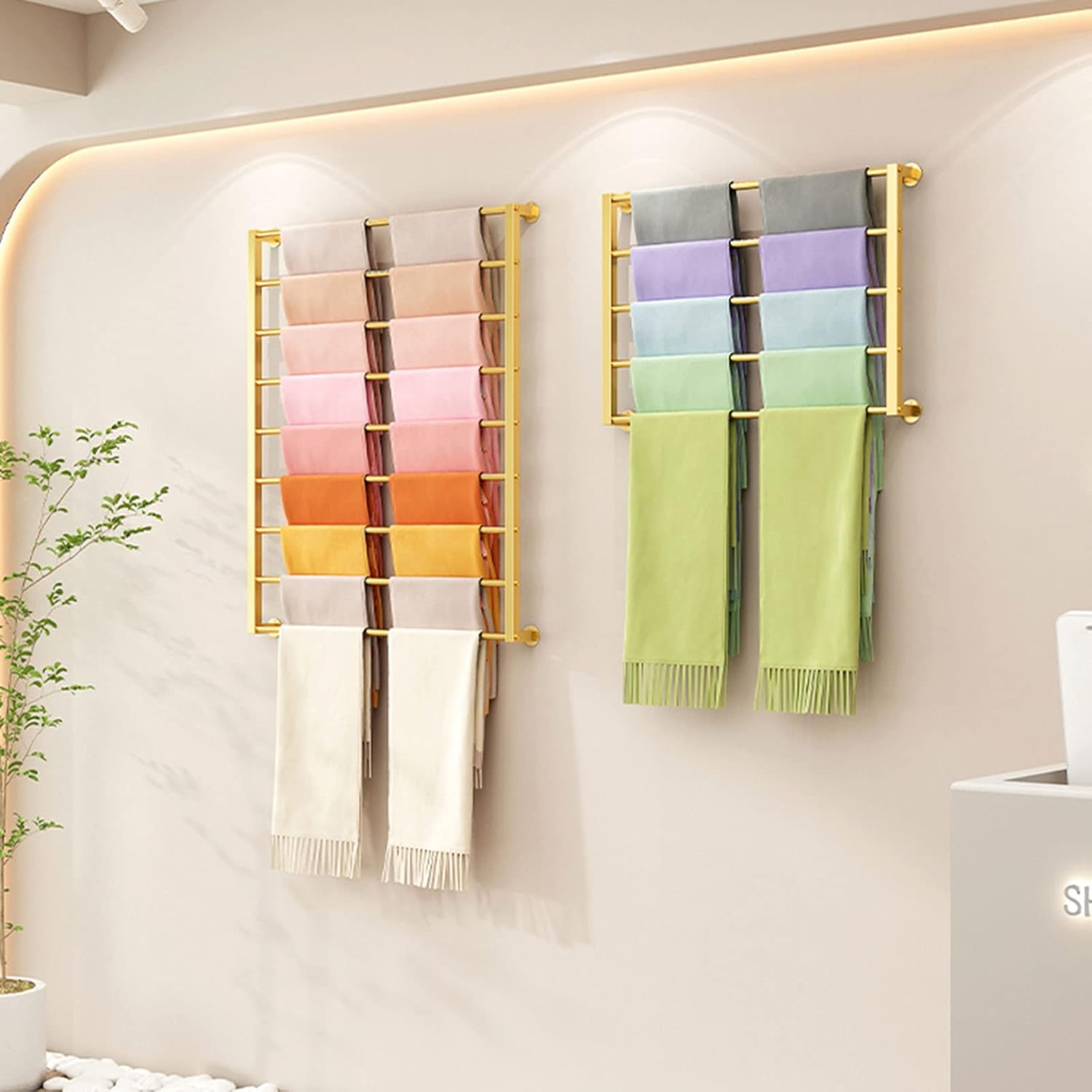 Wall-Mounted Scarf Hangers,Metal Clothing Retail Store Silk Scarf Blanket Organizer Scarf Display Stand,Multi-Purpose Ties Shawl Belt Towel Pants Storage Rack Space-Savin,Gold,L100*H60Cm