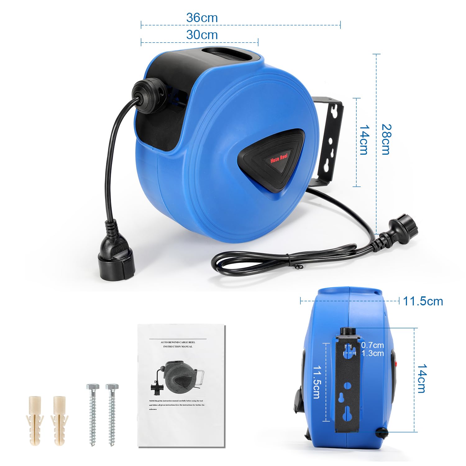 Avvolgicavo automatico, 20 m + 1,5 m, montaggio a parete, girevole a 180°, avvolgicavo automatico per officina e stoccaggio, con funzione di arresto, spina singola