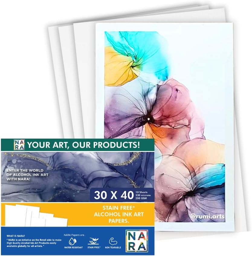 NARA Alcohol Ink Paper | White | 30 inches x 40 inches (30”x40”) | 330 microns/250 GSM | 10 Sheets | Medium+ Paper | Paper for Alcohol Ink Art Painting | 100% Stain-Free