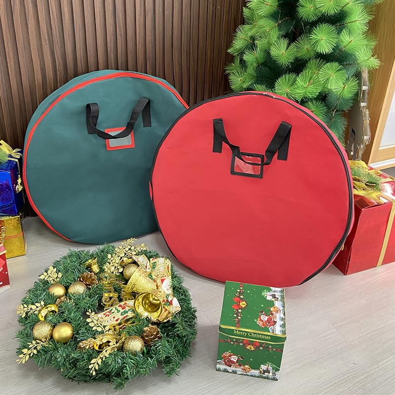 Christmas Wreath Storage Container with Zipper, Durable Handles & Card Slot - Holiday and Seasonal Wreath Storage bag (red, S(24X6.3in))