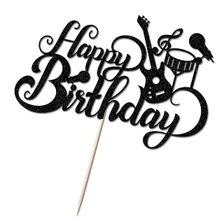 Sleyberoy Rock Music Happy Birthday Cake Toppers - Guitar Drum Rock Themed Party, Music Social Media Themed Party Decorations, Happy Birthday Party Decorations for Men and Women (Black Glitter)
