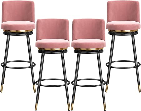 Swivel Bar Stools Set of 4, Modern Kitchen Velvet Upholstered Stools Island Chair with Metal Footrest for Home Bar IslandPink Black Frame,75cm