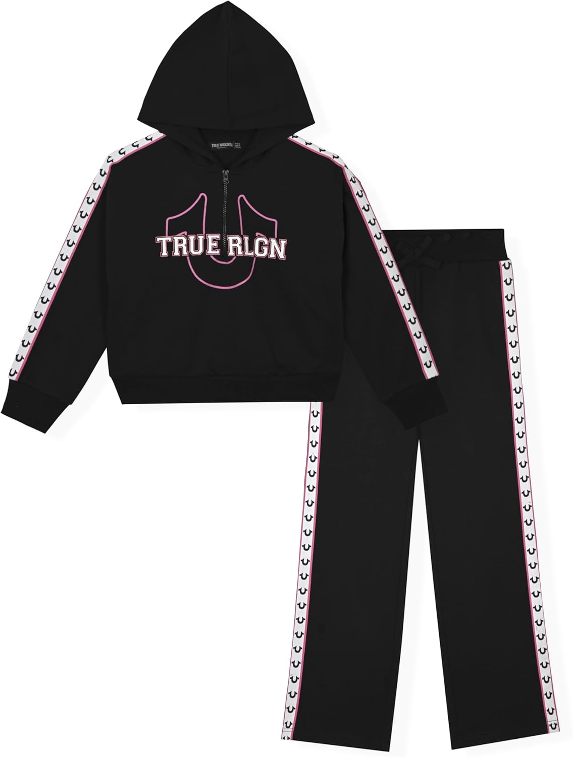 True Religion Girls 2 Piece Fleece Hooded Jogger Set – Zip-Front Hoodie & Sweatpants Outfit
