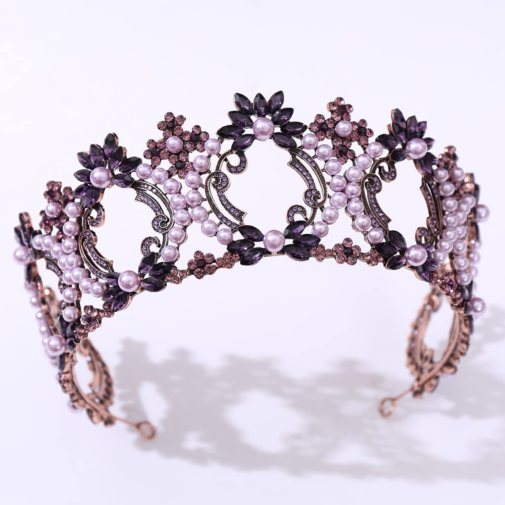 Diamentowa Tiara Brązowa Czarny Fioletowy Kryształowe Perły Okrągłe Diadem Dla Nowożeńców Korona Rhinestone Diadem Panny Młodej Opaski Ślubne Akcesoria Do Włosów