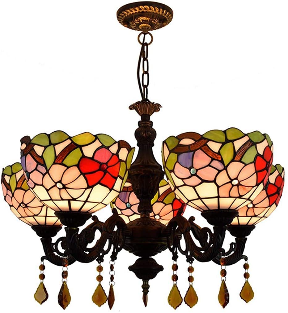 METTEOR 25-Inch Tiffany Style Pendant Lamp American Garden Flower Living Room Bedroom Five-Head Chandelier With Wrought Iron Sucker Height Adjustabl