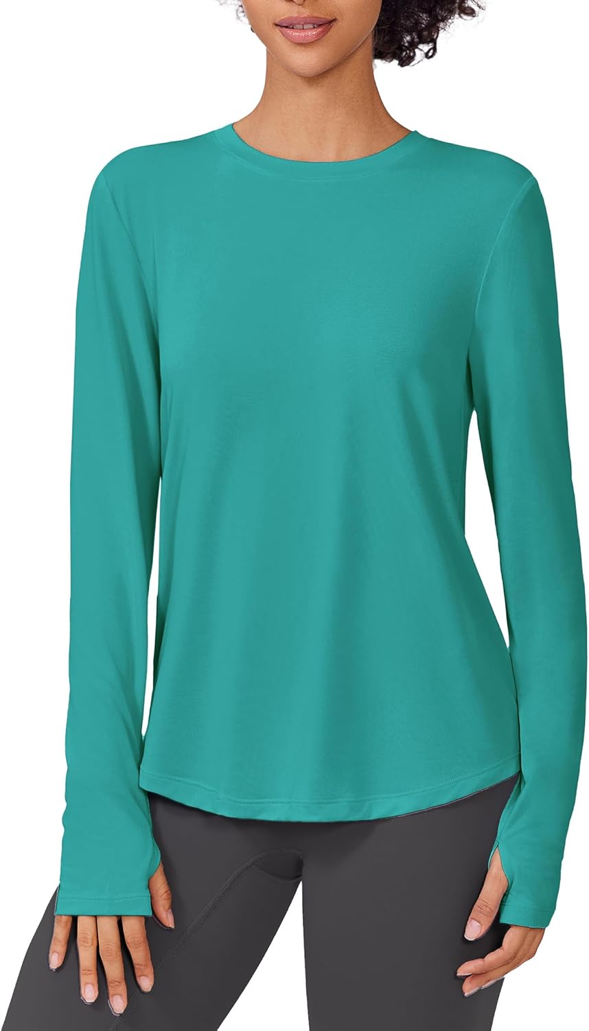 PINSPARK Soft Long Sleeve Workout Tops for Women Thumb Holes UV Sun Protection Quick Dry Golf Running Hiking Rash Shirts