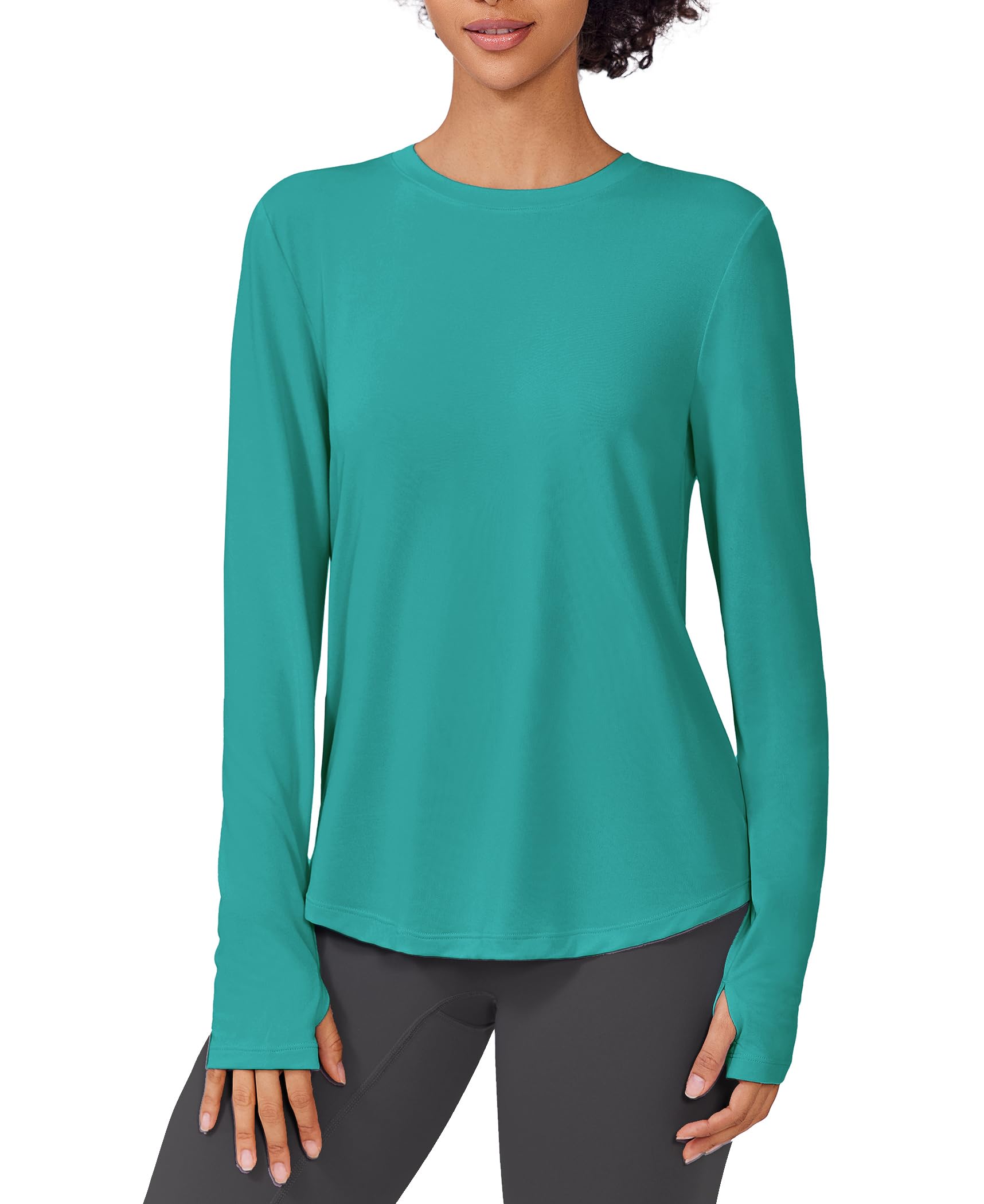 PINSPARK Soft Long Sleeve Workout Tops for Women Thumb Holes UV Sun Protection Quick Dry Golf Running Hiking Rash Shirts