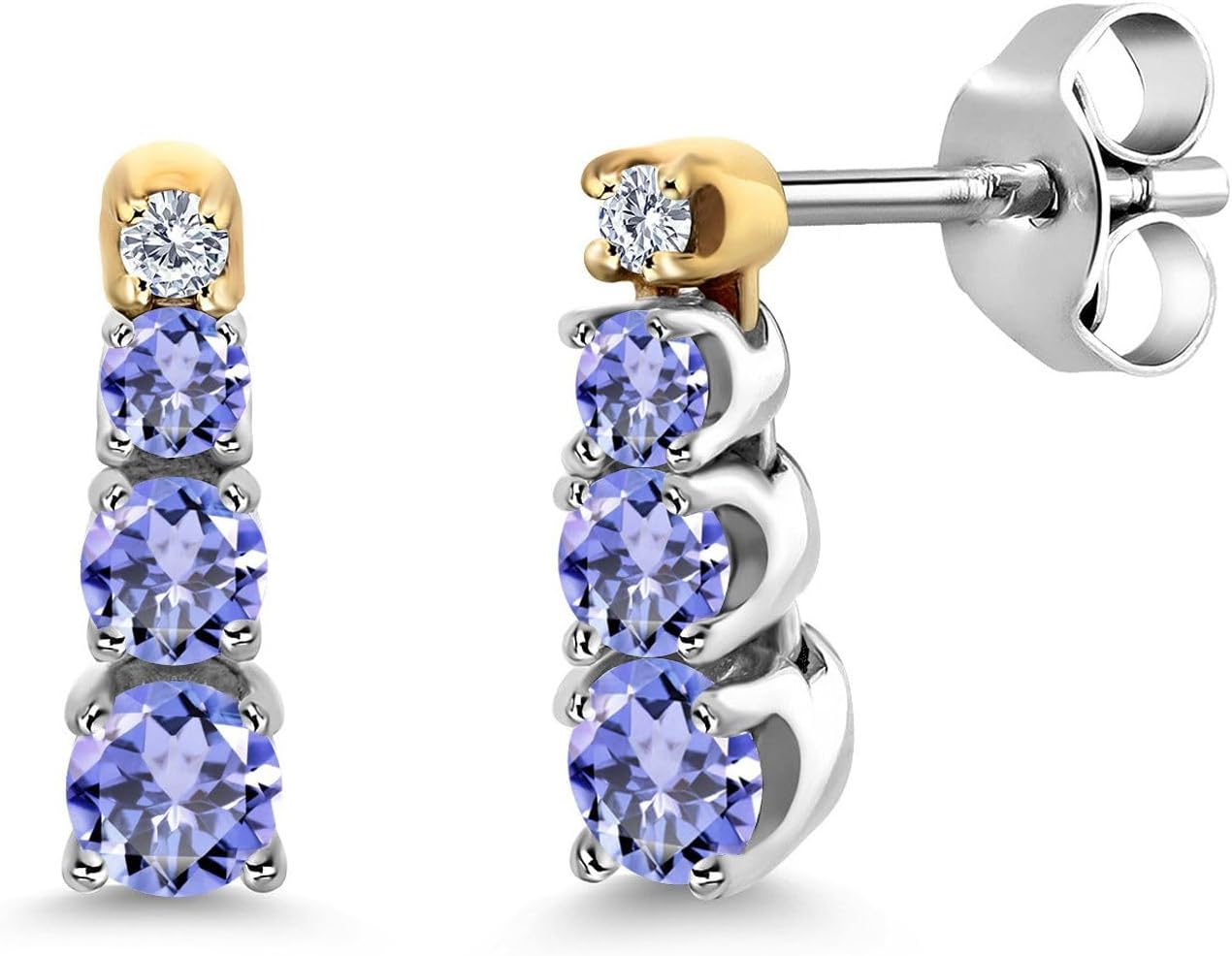 Gem Stone King Blue Tanzanite and White Created Moissanite Earrings For Women | 925 Sterling Silver and 10K Yellow Gold | 0.54 Cttw | Gemstone Birthstone, | Round 3MM 2.5MM and 2MM