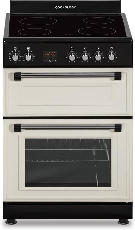 Cookology RETDO600CRM Freestanding Retro Electric Single Cooker Fan Oven in Cream - 94 Litre Capacity - 60cm Wide - Cooker Fan Oven - Ceramic Top - 4 Cooking Zone Hob