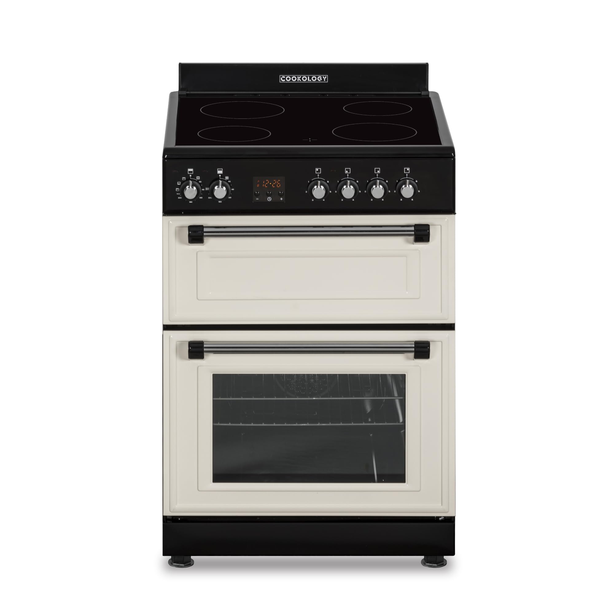 Cookology RETDO600BK Freestanding 60cm Wide, Retro Double Cavity Grill Oven Cooker with Ceramic 4 Zone Hob and Analogue Dials - in Black — view 10