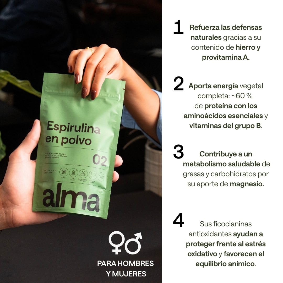 ALMA® Espirulina en Polvo 116 g | 100% Pura (Ingrediente Único) | Spirulina Vegana, Sin Gluten, Sin Azúcares Añadidos y Hecha en España | Superalimento Verde para agua, Zumos y Batidos