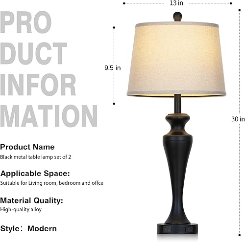 Miniatura 7 de Juego de 2 lámparas de mesa negras de 30 pulgadas, lámpara de sala de estar alta con control táctil con puertos USB A+C y salida de CA, lámparas de