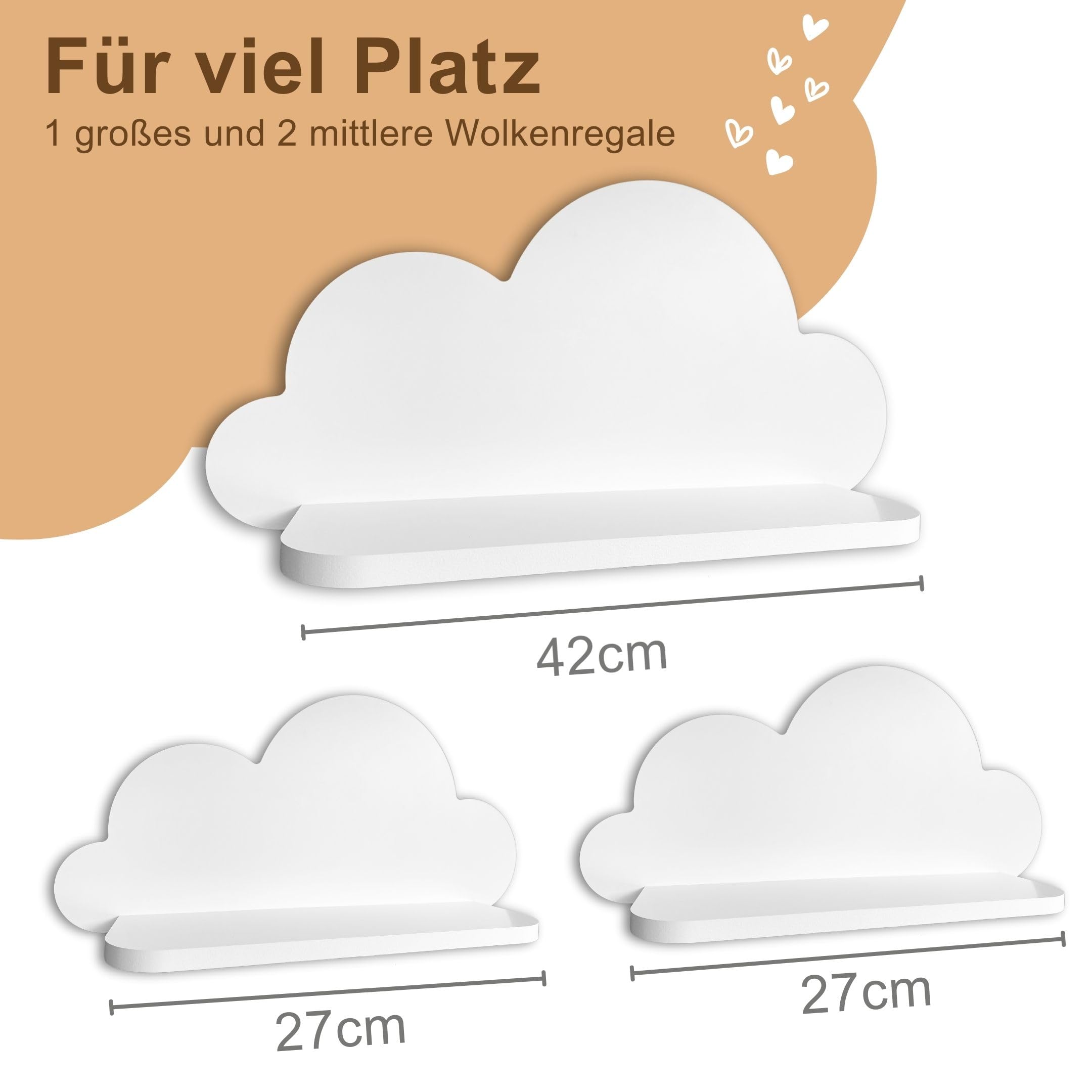 Wolkenregal 3er Set Holz – weiß, pflegeleicht & stilvoll | einfache Montage, nachhaltig & langlebig | Zeitloses Design, Designed in Deutschland | Babyzimmer Deko | Ideales Geschenkset