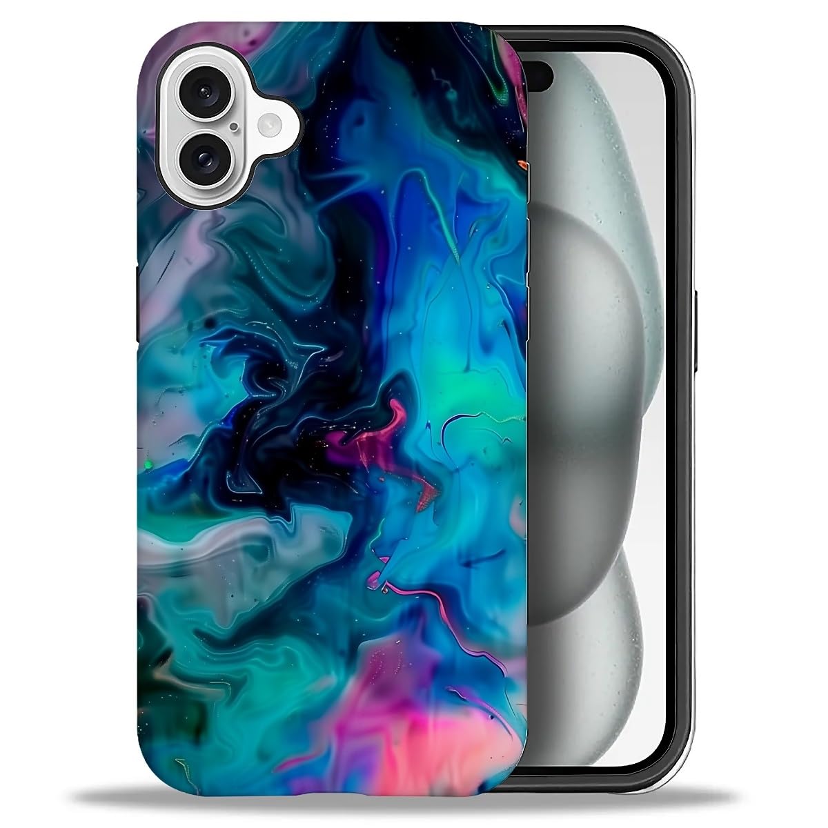 TAMEFOX Case Compatible with iPhone 16,Blue Black Patterm Hybrid 2-Layer Hard Shell+Silicone Double Protective Scratch-Resistant Shockproof Case for