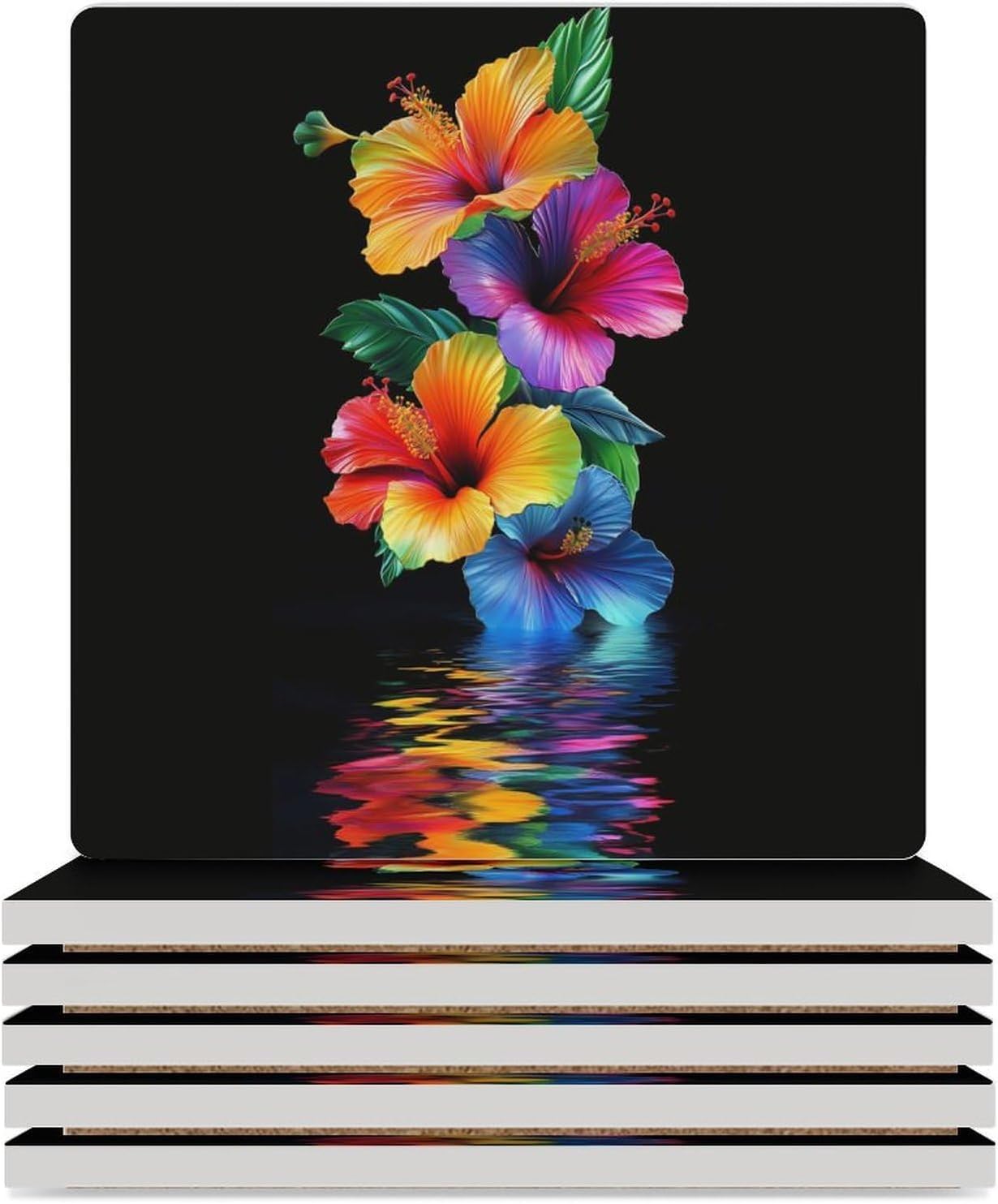 Colorful Hibiscus Flowers Funny Ceramic Coasters for Drink Absorbent Cup Holders Tabletop Protection