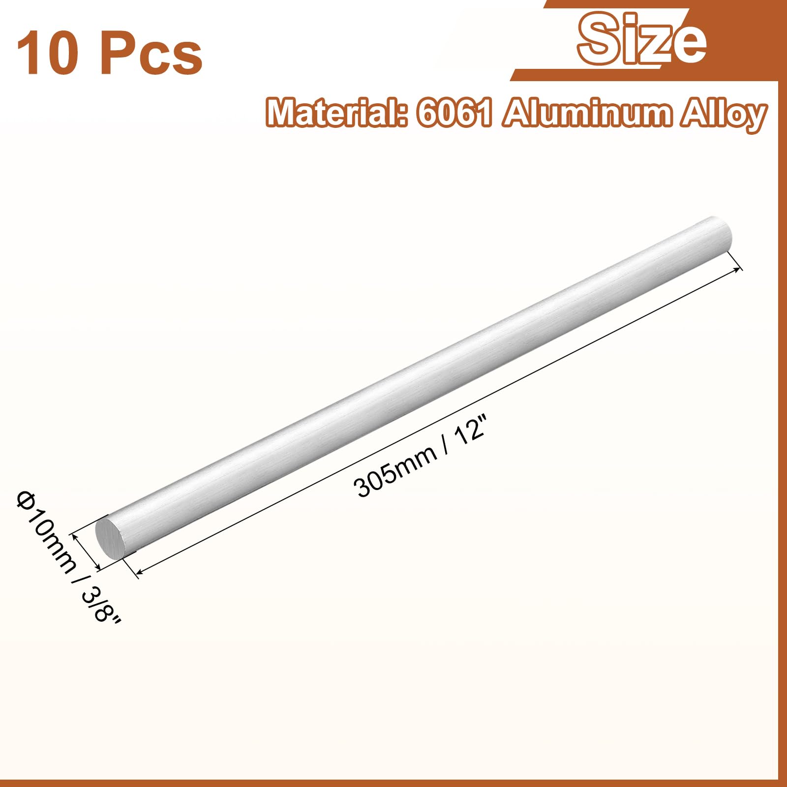 QUARKZMAN 10Pcs Tige Ronde En Aluminium De 3/8"(10mm) De Diamètre, Longueur 12"(305mm) Tige Ronde En Aluminium 6061 Barre Pleine Pour Tournage Pour Industrie Construction Bricolage Artisanat