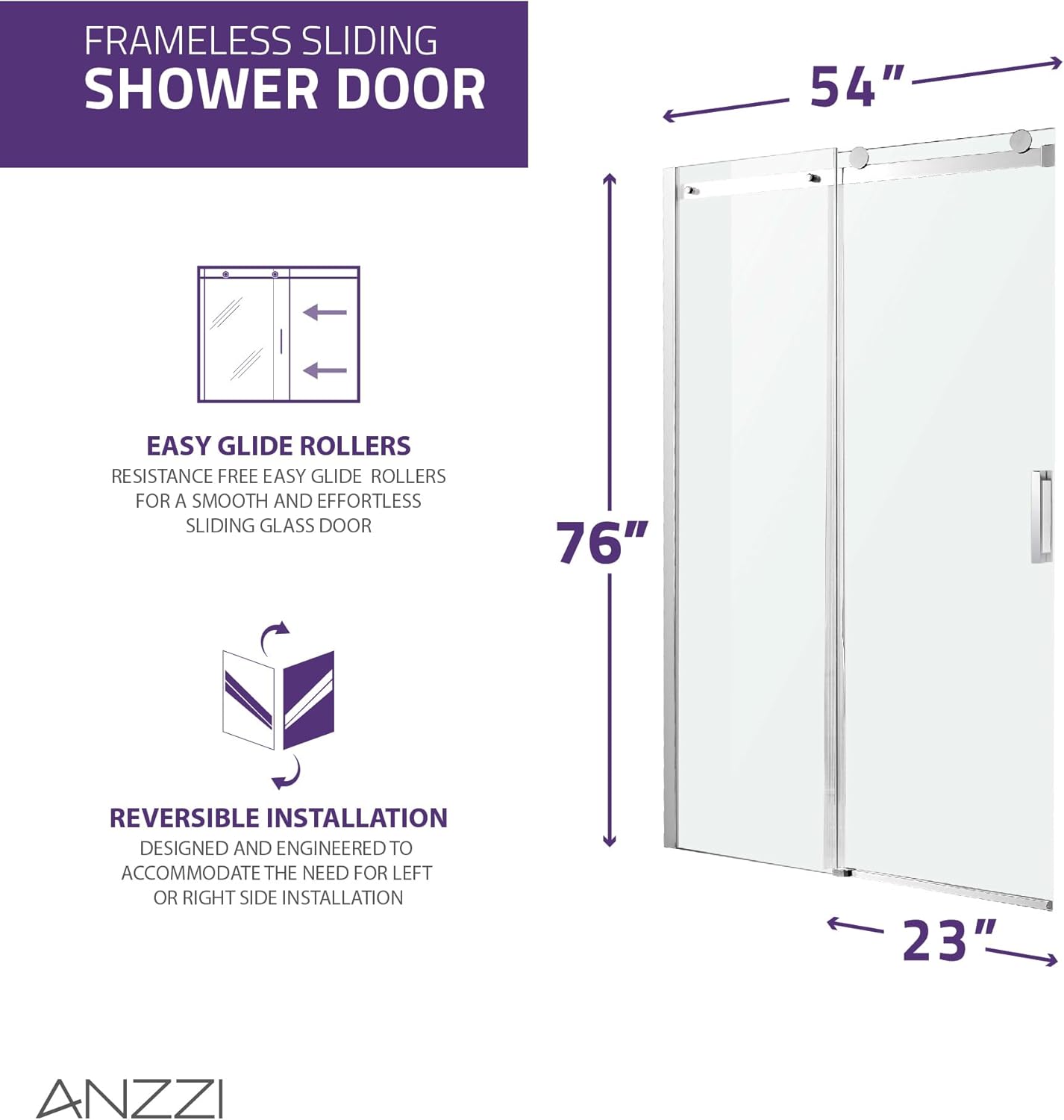 ANZZI 50 to 54" x 76" Modern Frameless Shower Door | Rhodes Water Repellent Glass Shower Door, Seal Strip Parts and Handle, Easy Glide Rollers Sliding Shower Glass Door - Polished Chrome
