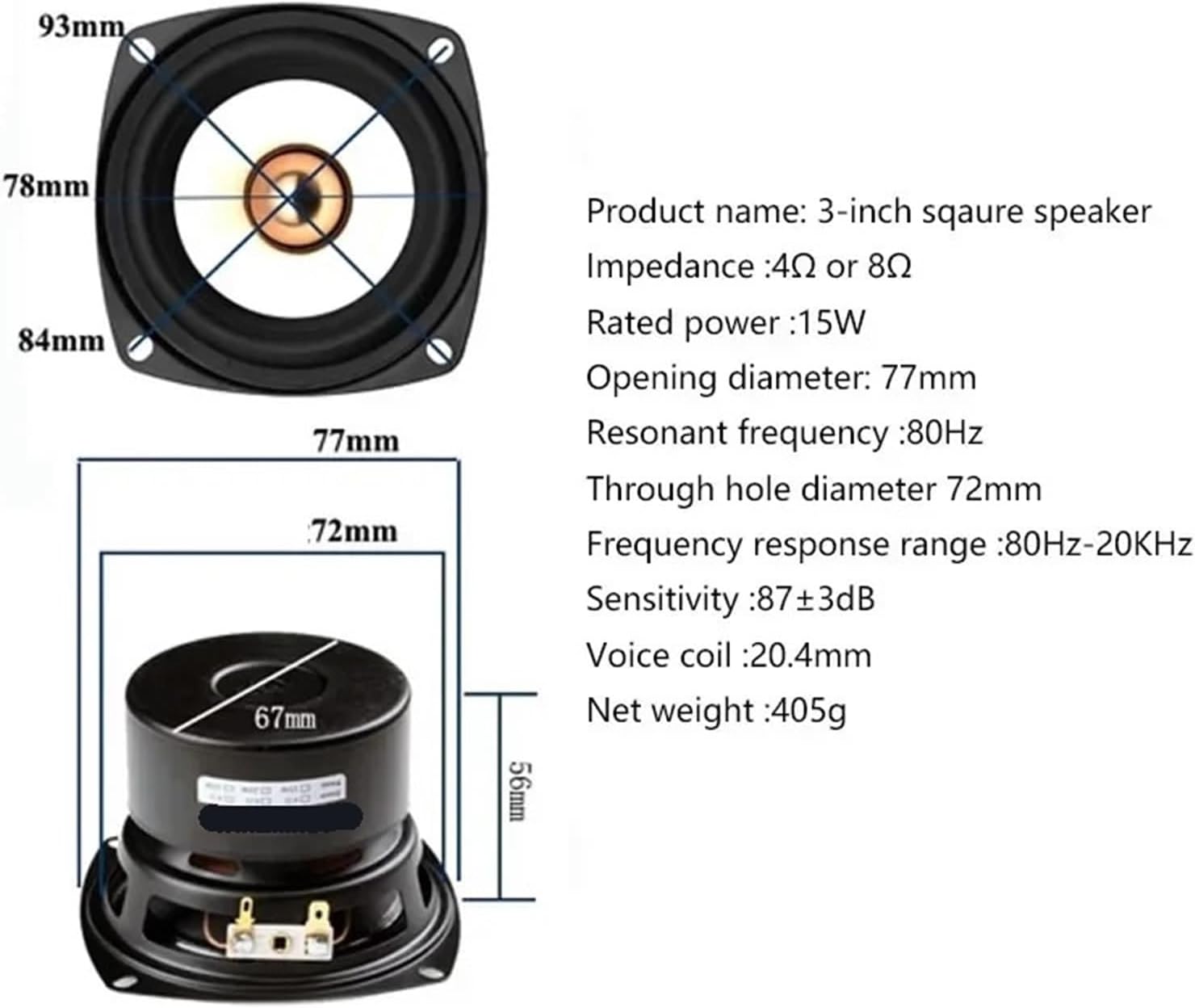 1Pcs 3 Inch Audio Portable Speakers 4 Ohm 8 Ohm 15W Full Range HiFi(Square,4 Ohm 15W)