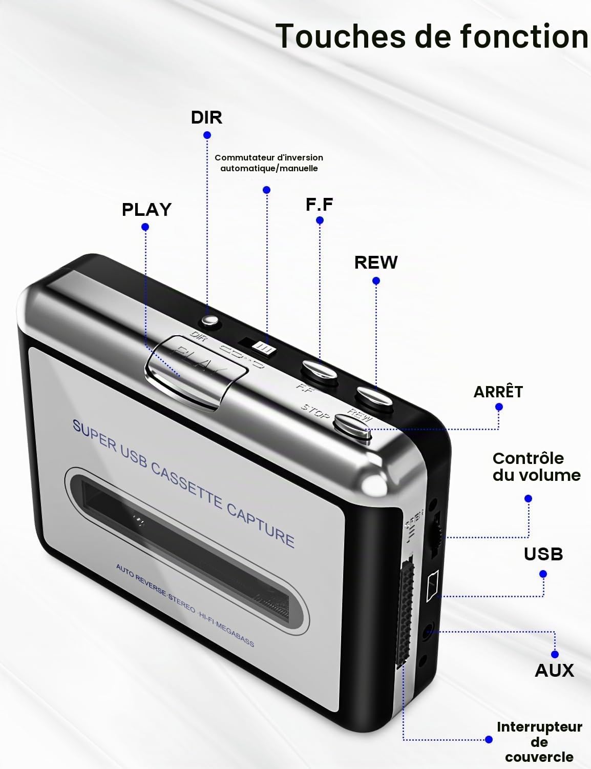 Lecteur de cassettes - Enregistreur portable avec écouteurs - Convertit les cassettes audio en MP3 numérique, compatible avec ordinateur portable/PC/MAC - Pour divertissement, voyage, sports légers