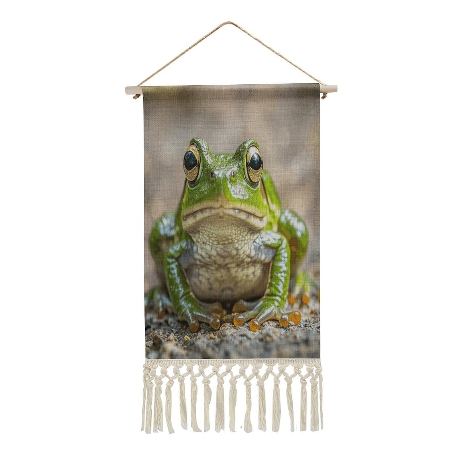 FekiLoot Cute Frog Wall Art Print Decor Art Tapestry with Tassel Cotton Linen Hanging Poster Vintage Aesthetic Wall Art Poster Rustic Wall Art Decor for Home Bedroom Living Room Office