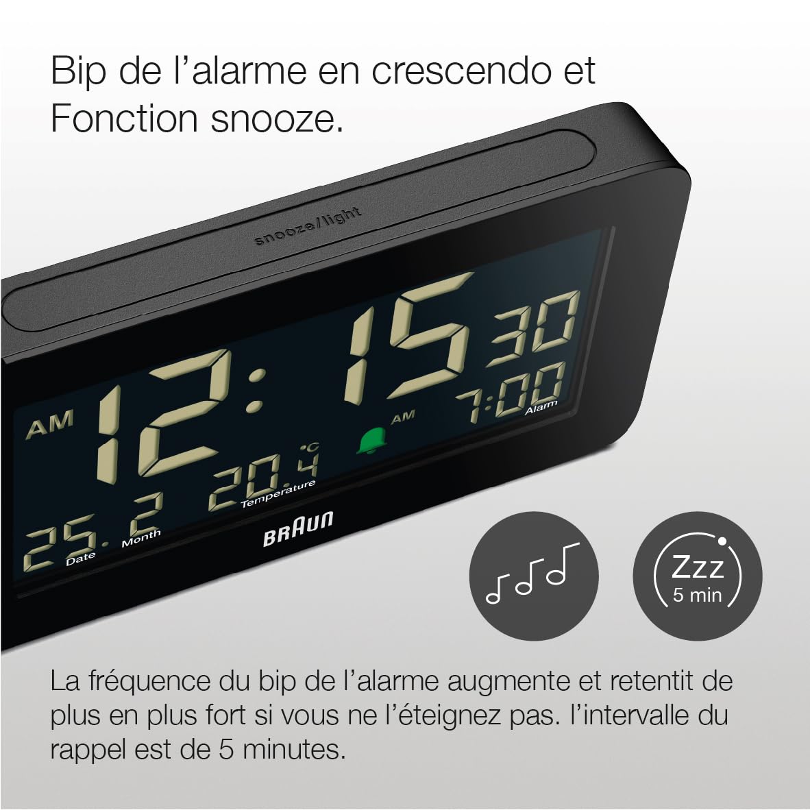 Braun Réveil numérique avec Affichage de la Date, du Mois et de la température, écran LCD négatif, réglage Rapide, Alarme Crescendo Beep en Noir, modèle BC10B (1 Paquet)