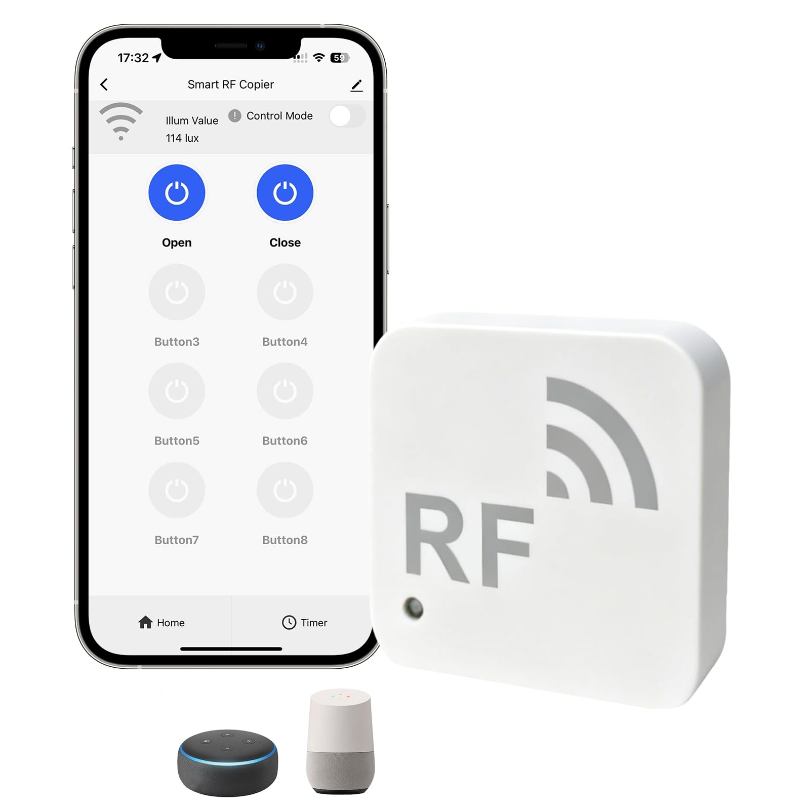 Smart RF Remote Control, Copier WiFi RF Support 8 Buttons Learning/Sensor Lighting/Alexa/Smart Home Automation for Curtains Fan Garage Doors