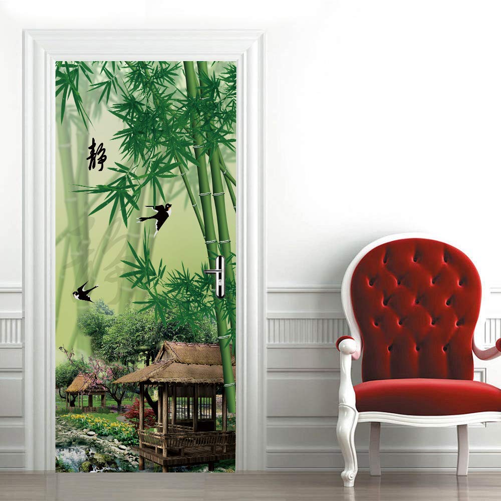 Papier peint porte trompe l'oeil bambou vert 77x200 cm pour décoration de salon en PVC