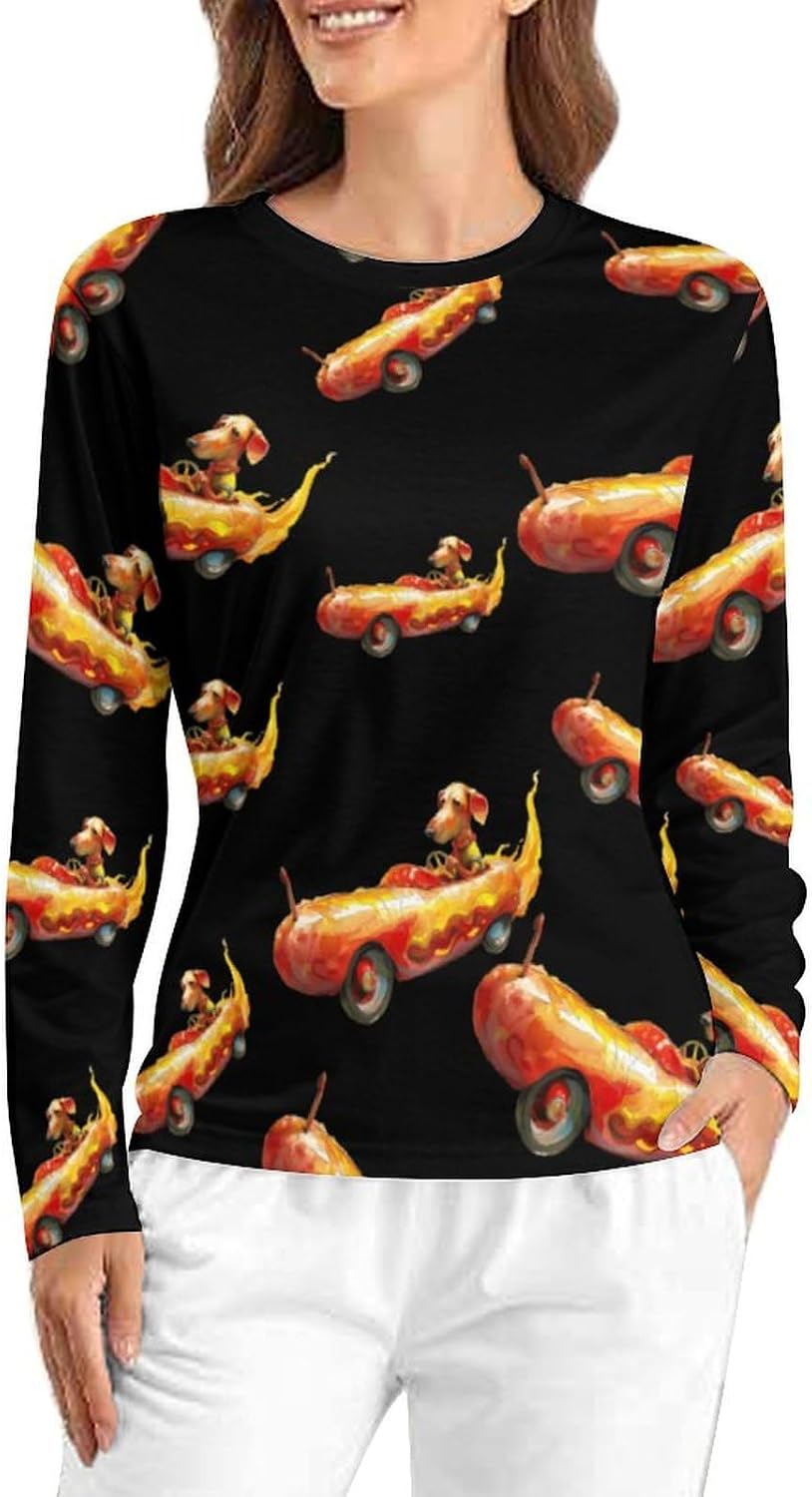 Dachshund Driving Hot Dog Flame Car Women's Pajama Top Sleepwear Pajamas Sleep T-Shirt Long Sleeve Shirt Crewneck Tee