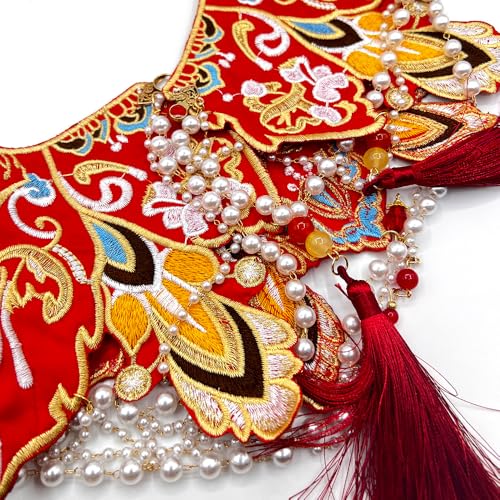 Chinese Red Wedding Phoenix Lace with Pearl Cloud Collar Shawl Wrap Shoulder Scraf for Mamian Skirt Hanfu Handmade（Red Wedding）3