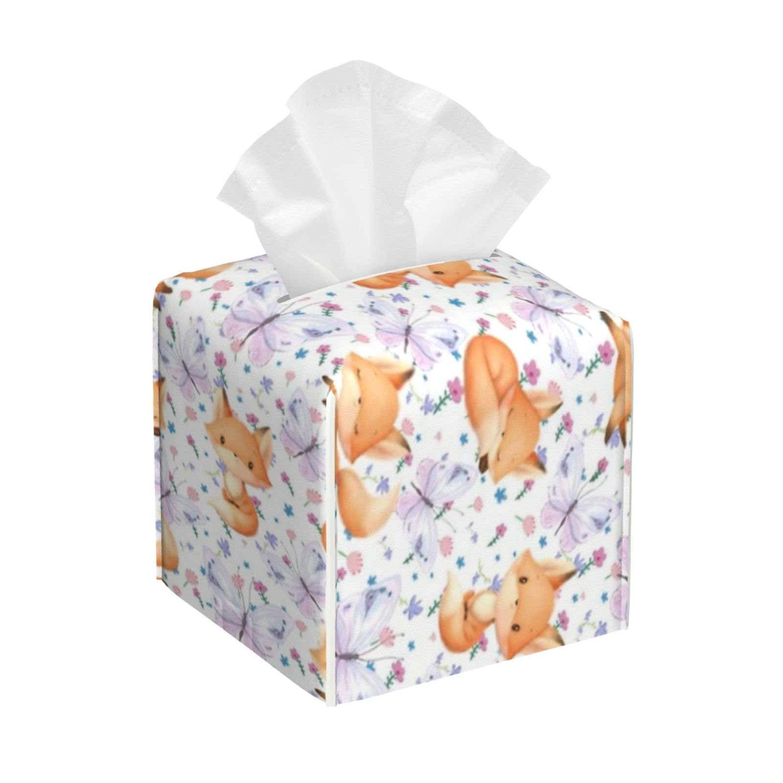Foxes, Butterflies and Flowers Tissue Box Cover 5" Square Leather Tissue Holder Facial Tissue Case for Tabletop Bedroom Bathroom Desk Decor