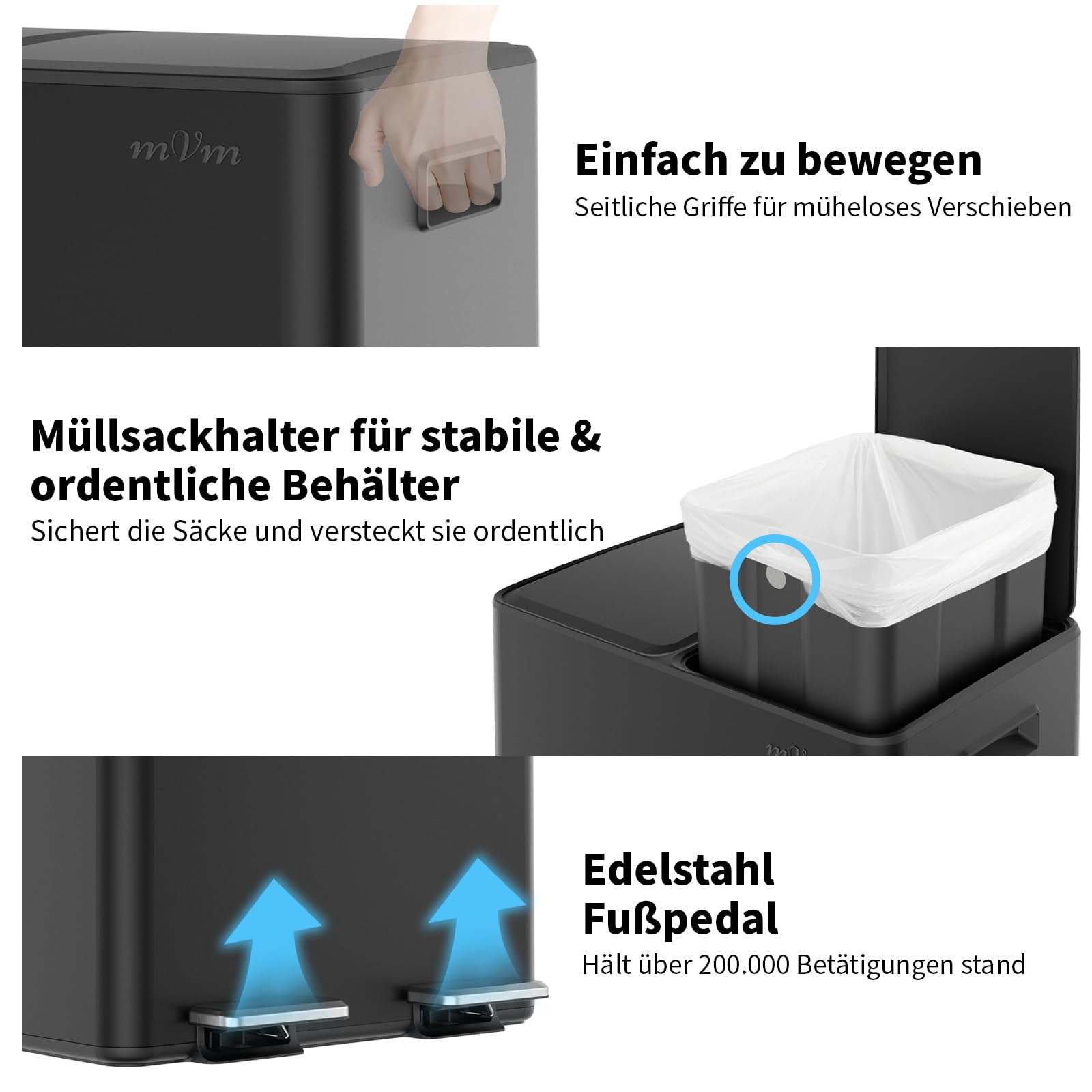 mVm Poubelle Cuisine Tri Sélectif 60L,2 x 30 L,2 Compartiments,Acier Inoxydable,Poubelle à Pédale avec Seau Intérieur,Couvercles, Poignées, Fermeture en Douceur,Hermétique Noir