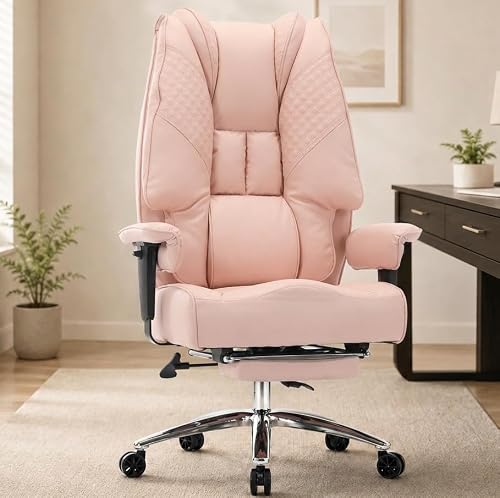 Image of DJ.Wang Big and Tall Office Chair 400lbs, 23" Extra Wide Seat Executive Chair with Footrest, Heavy Duty Metal Base High Back Desk Chair with Lumbar Support & Adjustable Armrests, PU Pink