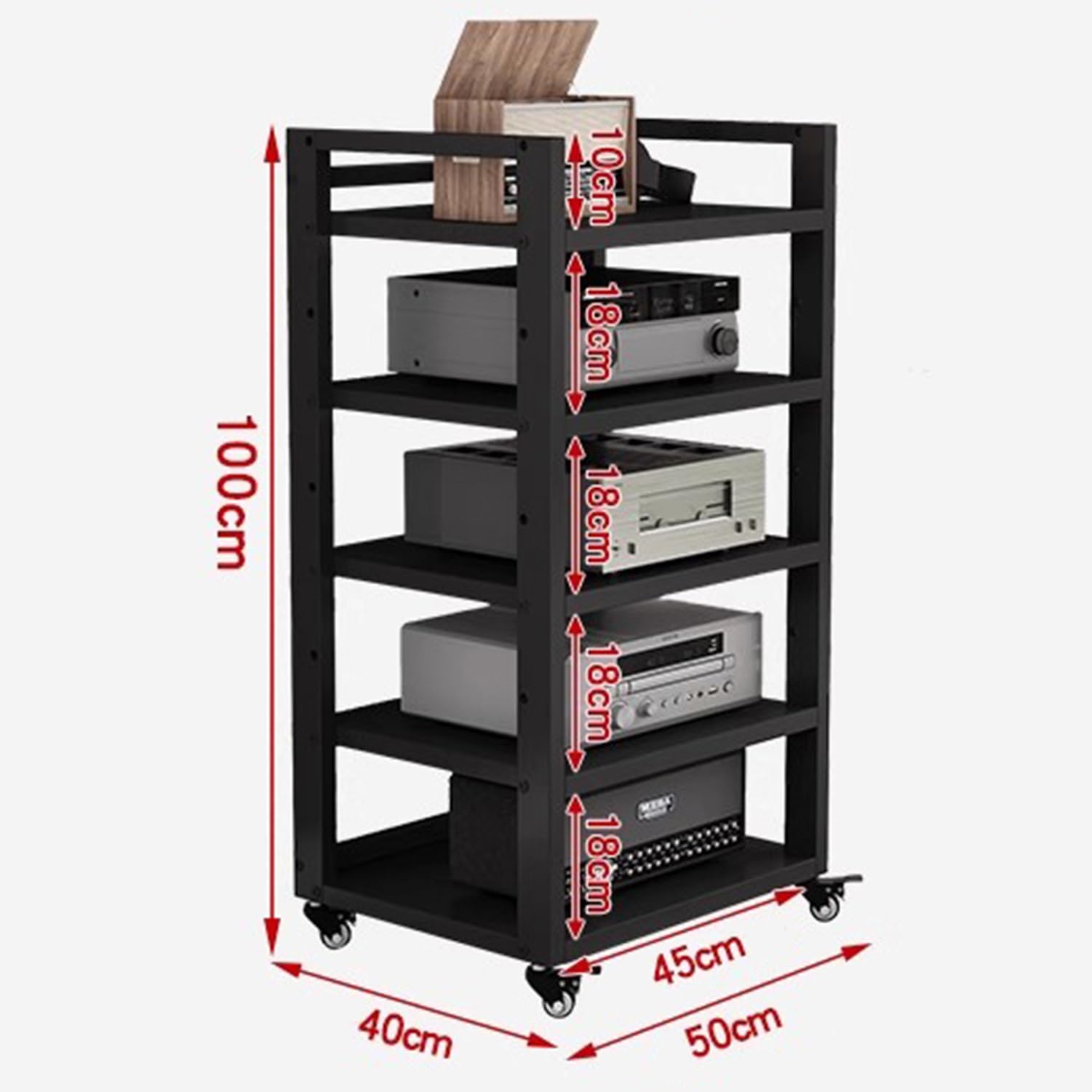 5-poziomowy stojak na sprzęt HiFi, stojak na gramofon z kółkami i regulowanymi półkami, wolnostojący, ruchomy stojak na sprzęt audio do sal gier i studiów nagraniowych (kolor tekowy, 50x40x120 cm